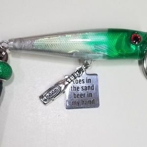 Toes in the sand beer in my hand fish key ring